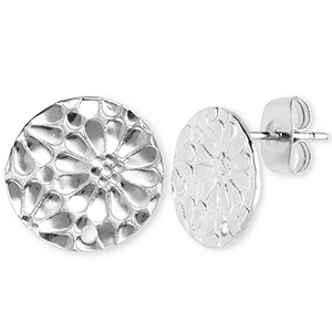 Fornituras acero inox pendientes redondos con flor con anilla Plateado