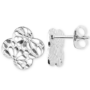 Fornituras acero inox pendientes tr&eacute;bol con flor con anilla Plateado