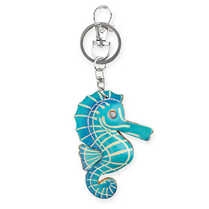 Llavero de cuero caballito de mar Azul cyan oscuro-beige arena
