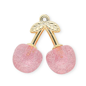 Colgantes acr&iacute;licos cerezas Dorado-rosa claro glitter