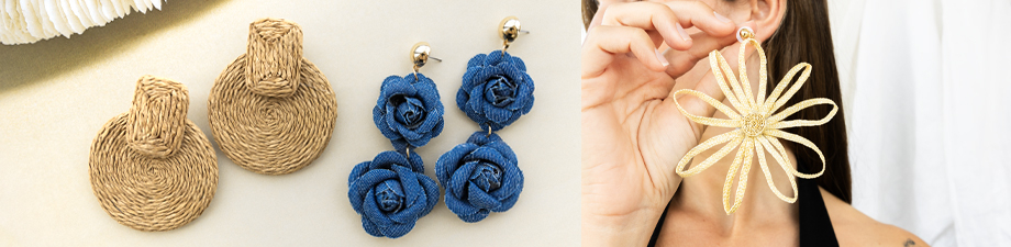 Pendientes llamativos de rafia y denim